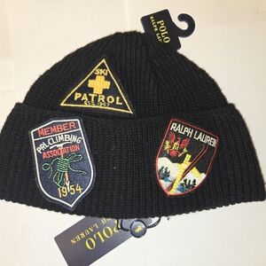Polo by Ralph Lauren Patches Black Knit Beanie Hat